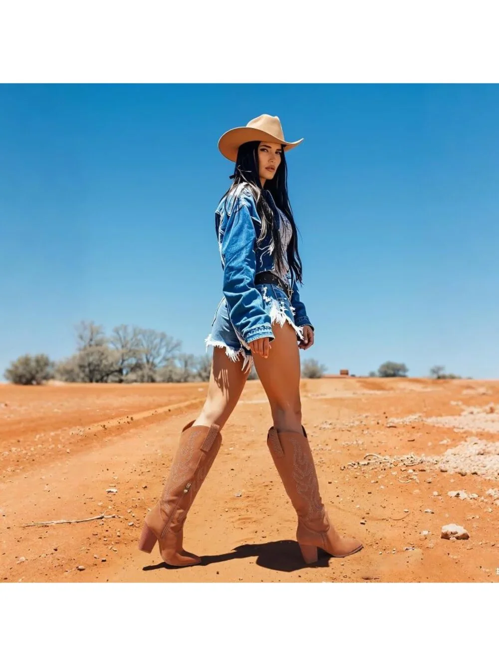 Women's Brown Suede Embroidered Rhinestone Wide Calf Side Zipper Cowgirl Boots